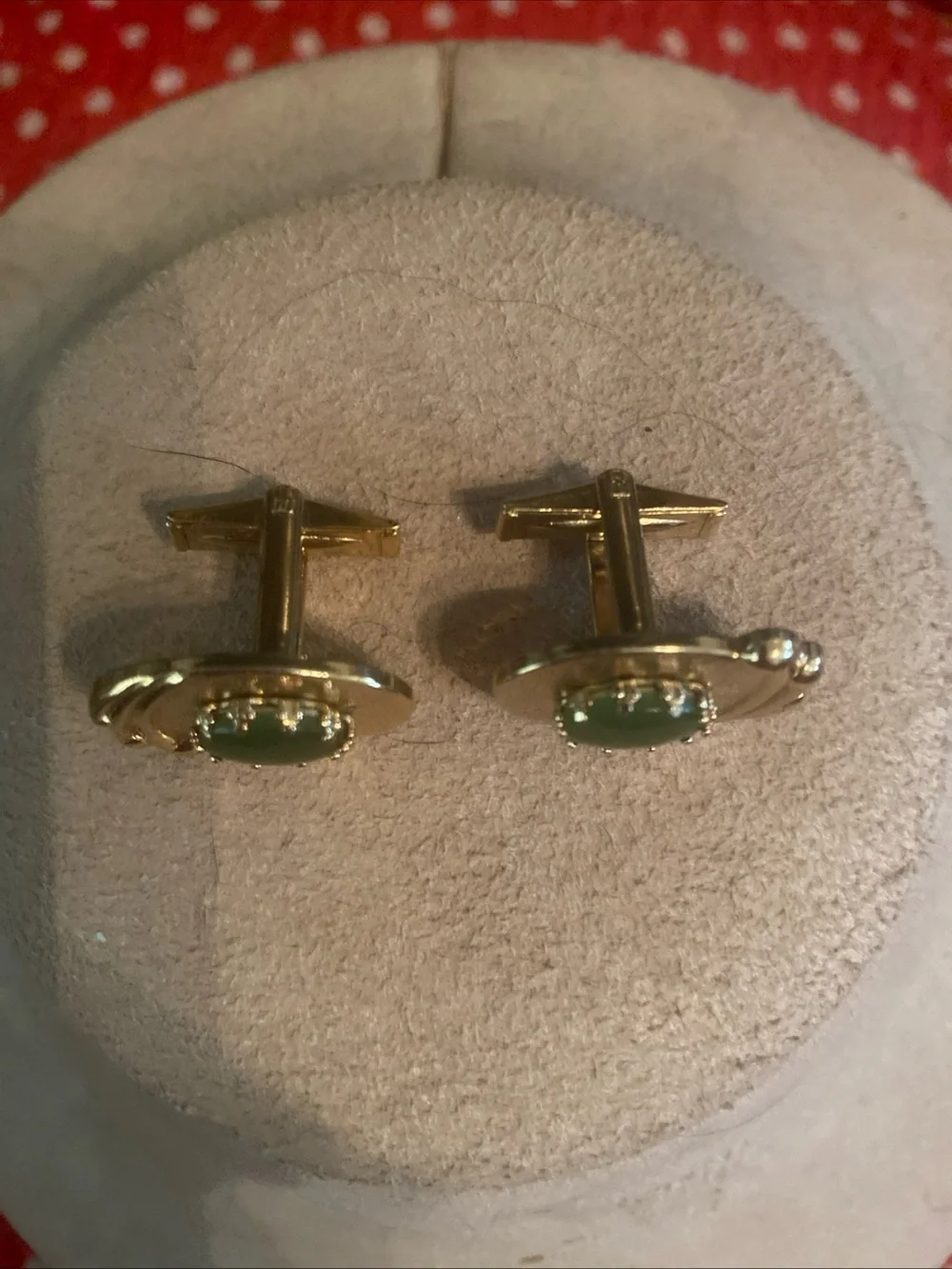Gold Oval Cuff Links with Green Center Stone